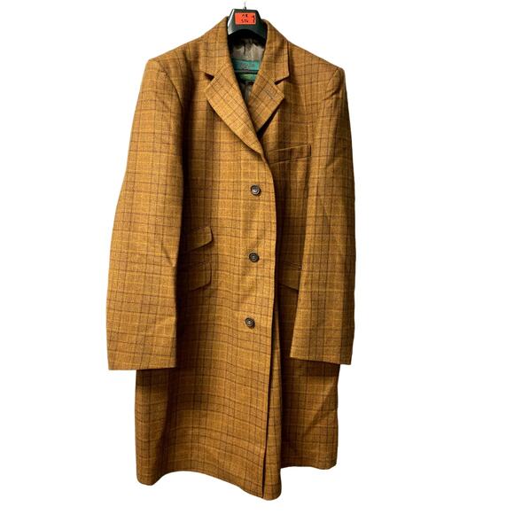 CHRYSALIS Wool Sport Longline Overcoat Plaid Brown Made in England Men's 50 - Picture 1 of 11